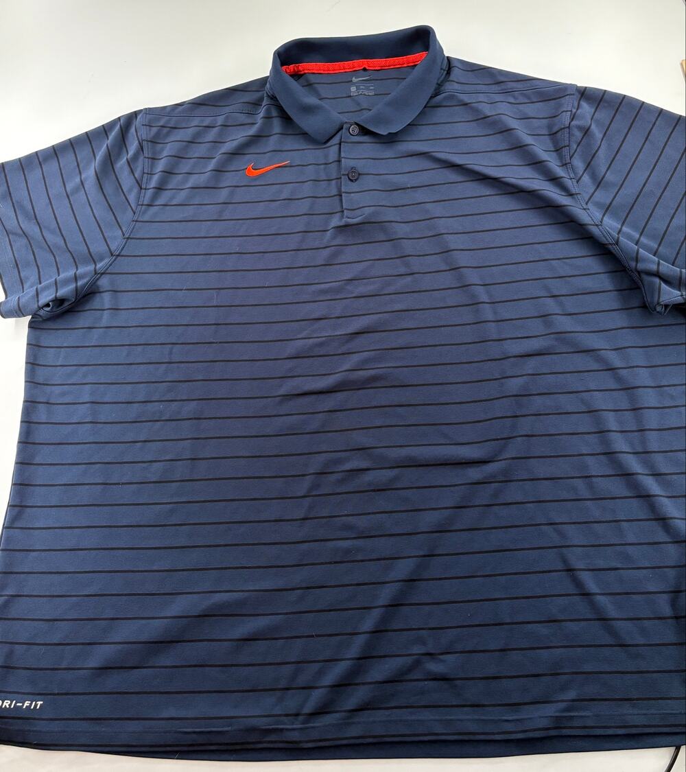 Nike Dri-FIT Polo Shirt Mens 3XL Navy Blue Black Striped Orange Swoosh Golf